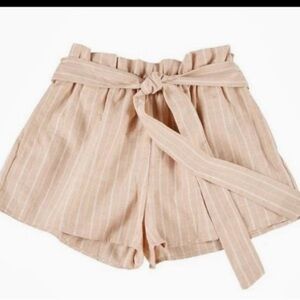 Love Tree short striped belted paper bag style high waist beige tan white